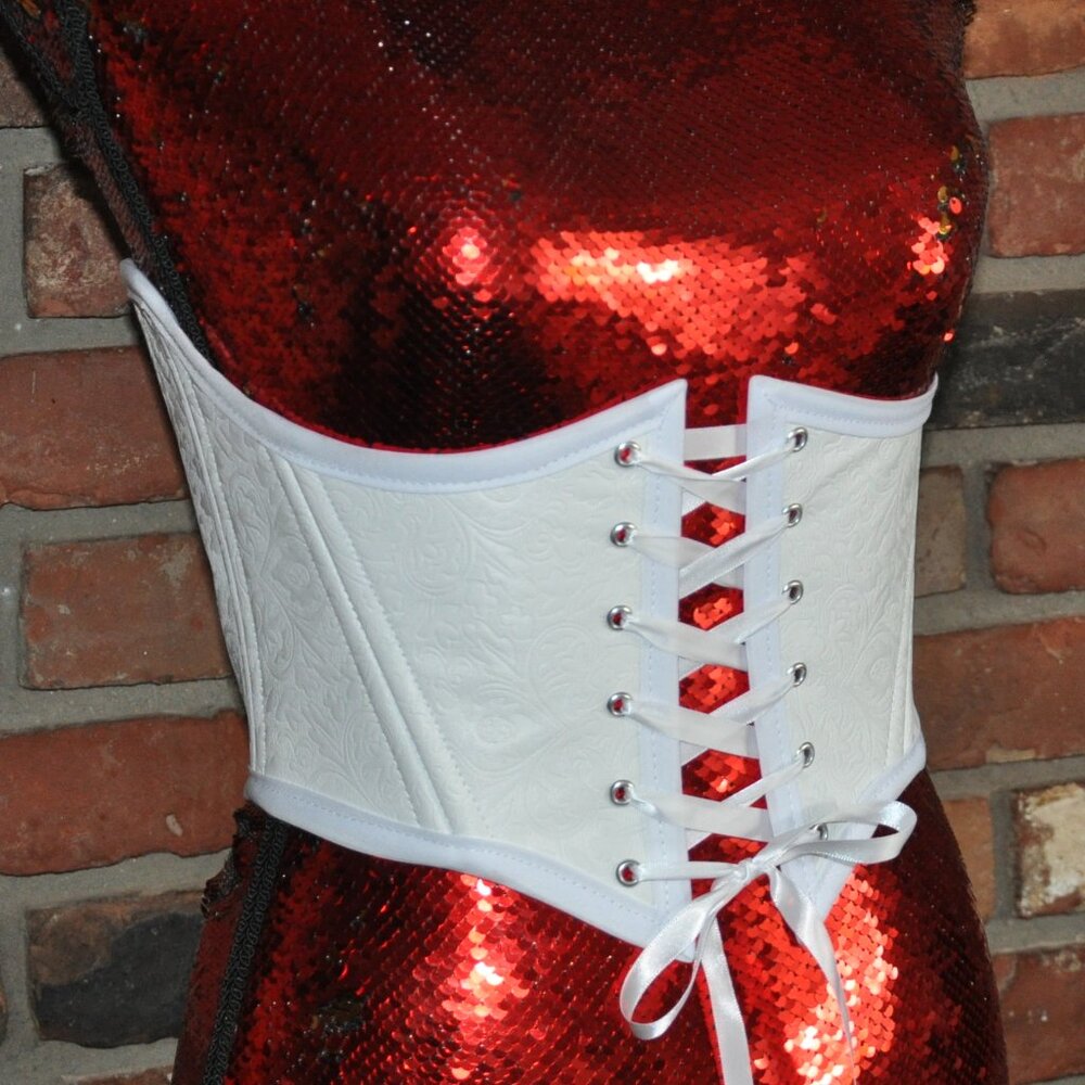 Back Front Lace-up Underbust Corset Belt Embossed Floral White Faux Leather XS